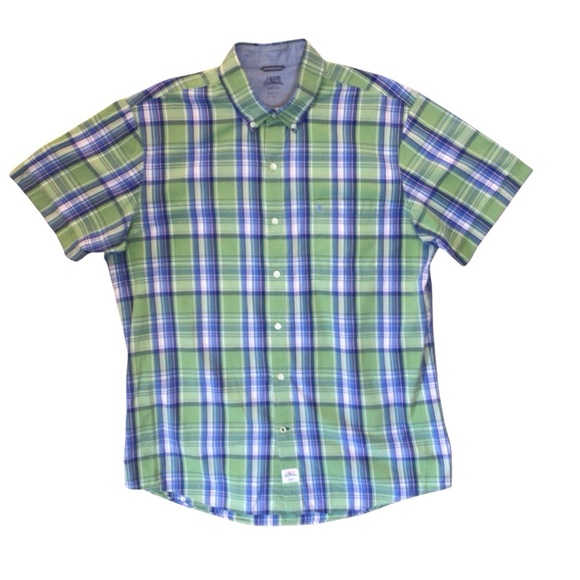 Izod Saltwater Mens Green Plaid Seaport Poplin Short Sleeve Button Up Shirt Lg - Picture 1 of 5